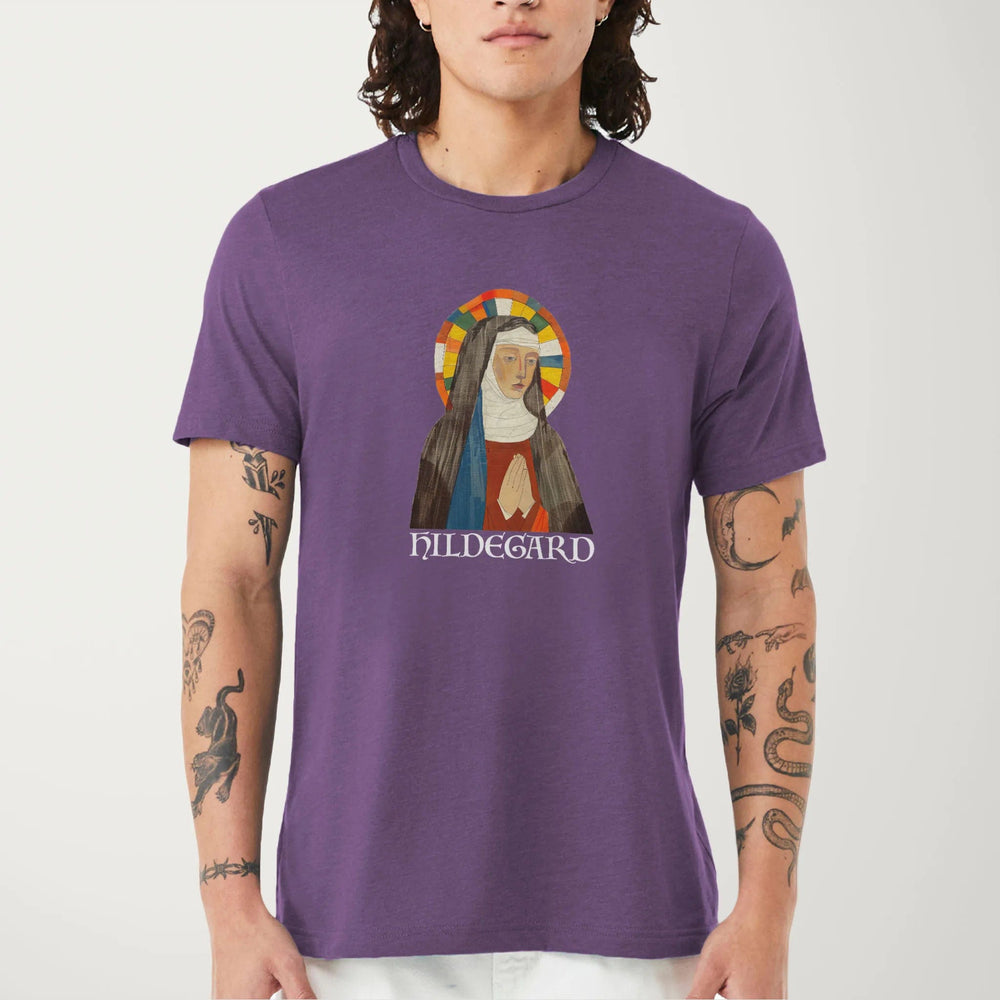hildegard von bingen: the saint classic tee in heather team purple, worn