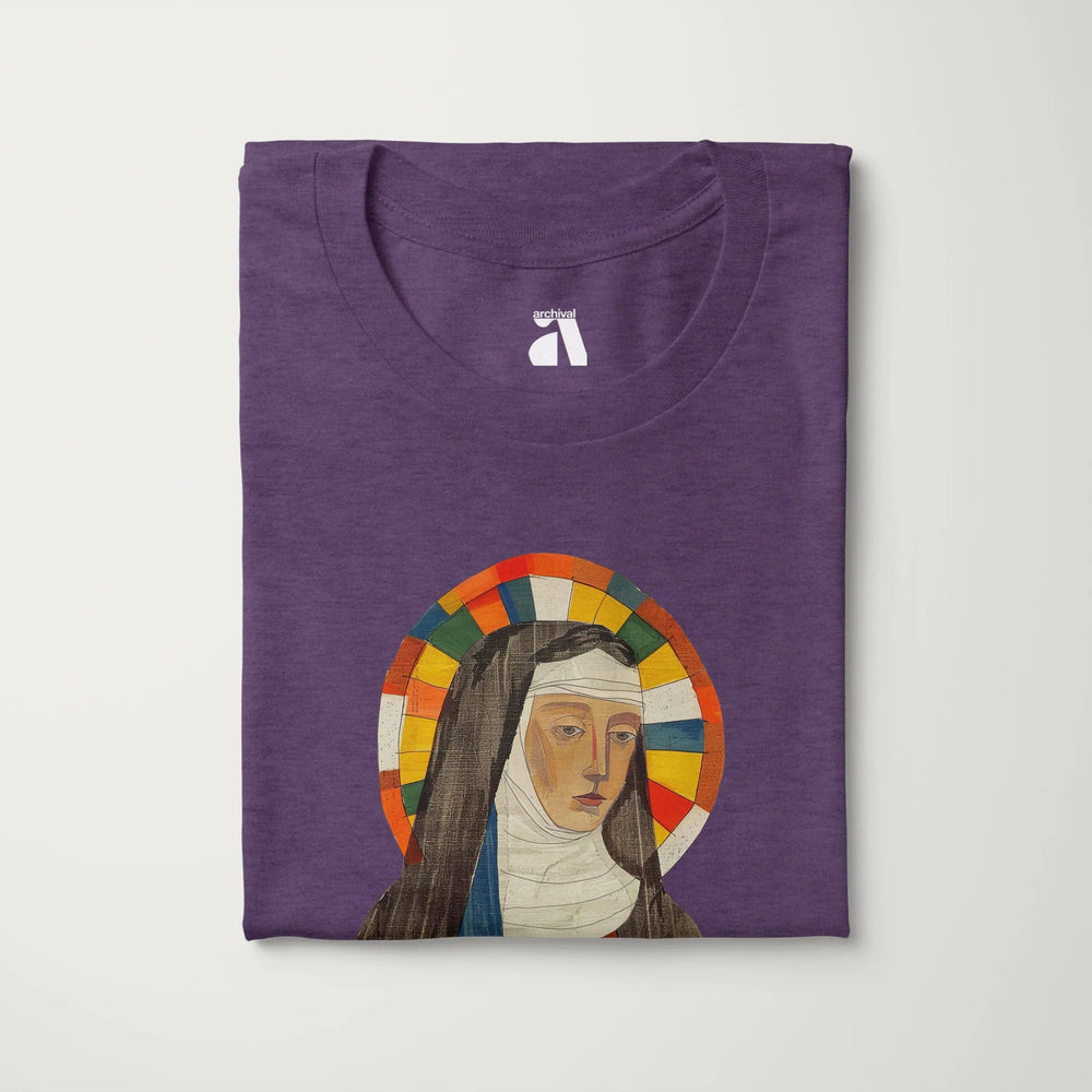 hildegard von bingen: the saint classic tee in heather team purple, folded