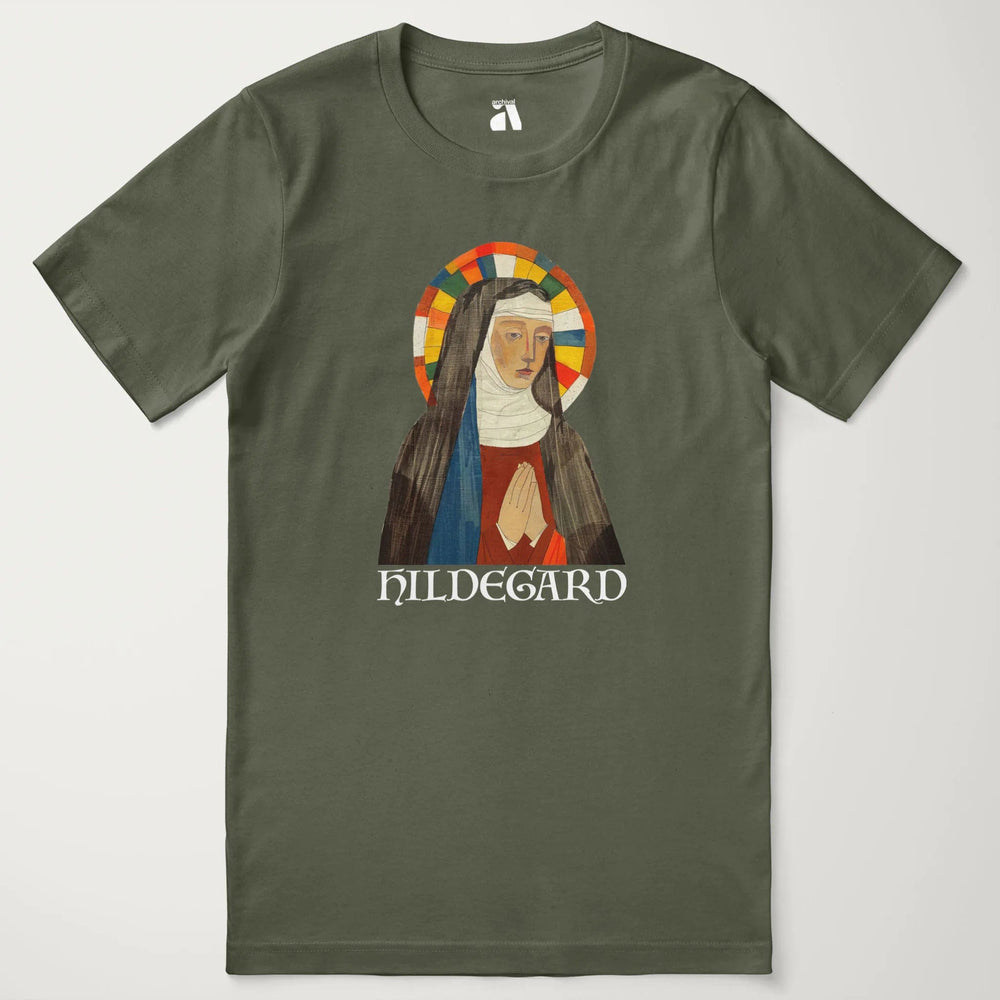 hildegard von bingen: the saint classic tee in military green, laid flat