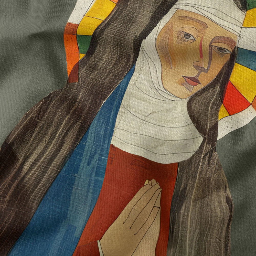 hildegard von bingen: the saint classic tee in military green, close-up of the print