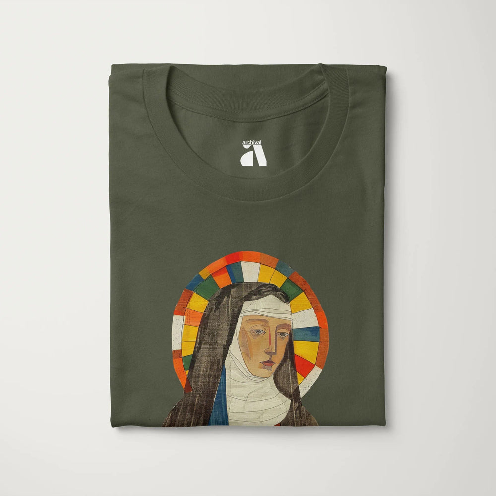 hildegard von bingen: the saint classic tee in military green, folded