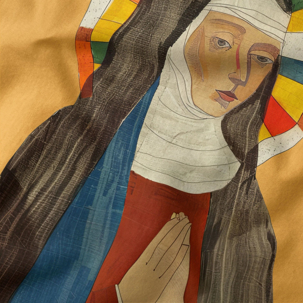 hildegard von bingen: the saint classic tee in mustard, close-up of the print