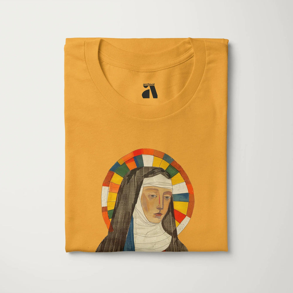hildegard von bingen: the saint classic tee in mustard, folded