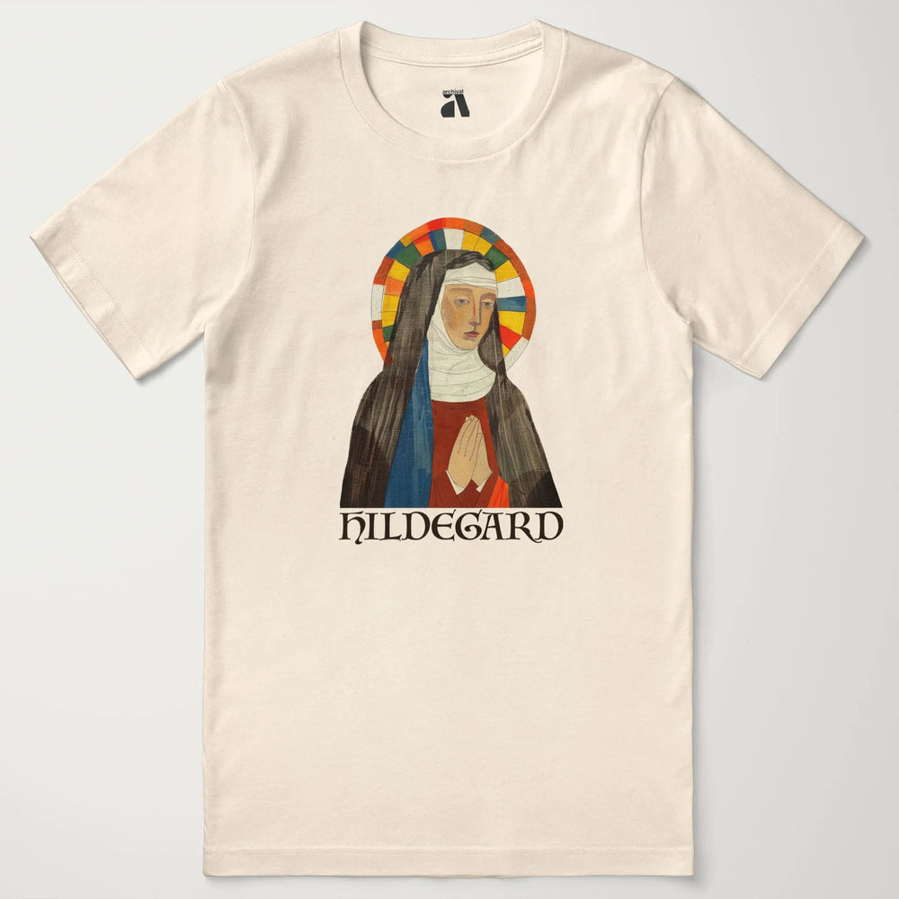 hildegard von bingen: the saint classic tee in natural, laid flat