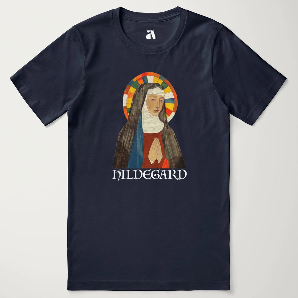 hildegard von bingen: the saint classic tee in navy, laid flat