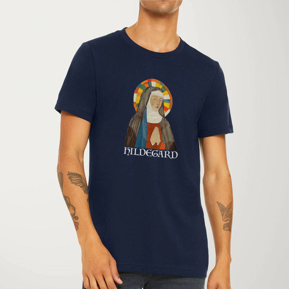 hildegard von bingen: the saint classic tee in navy, worn