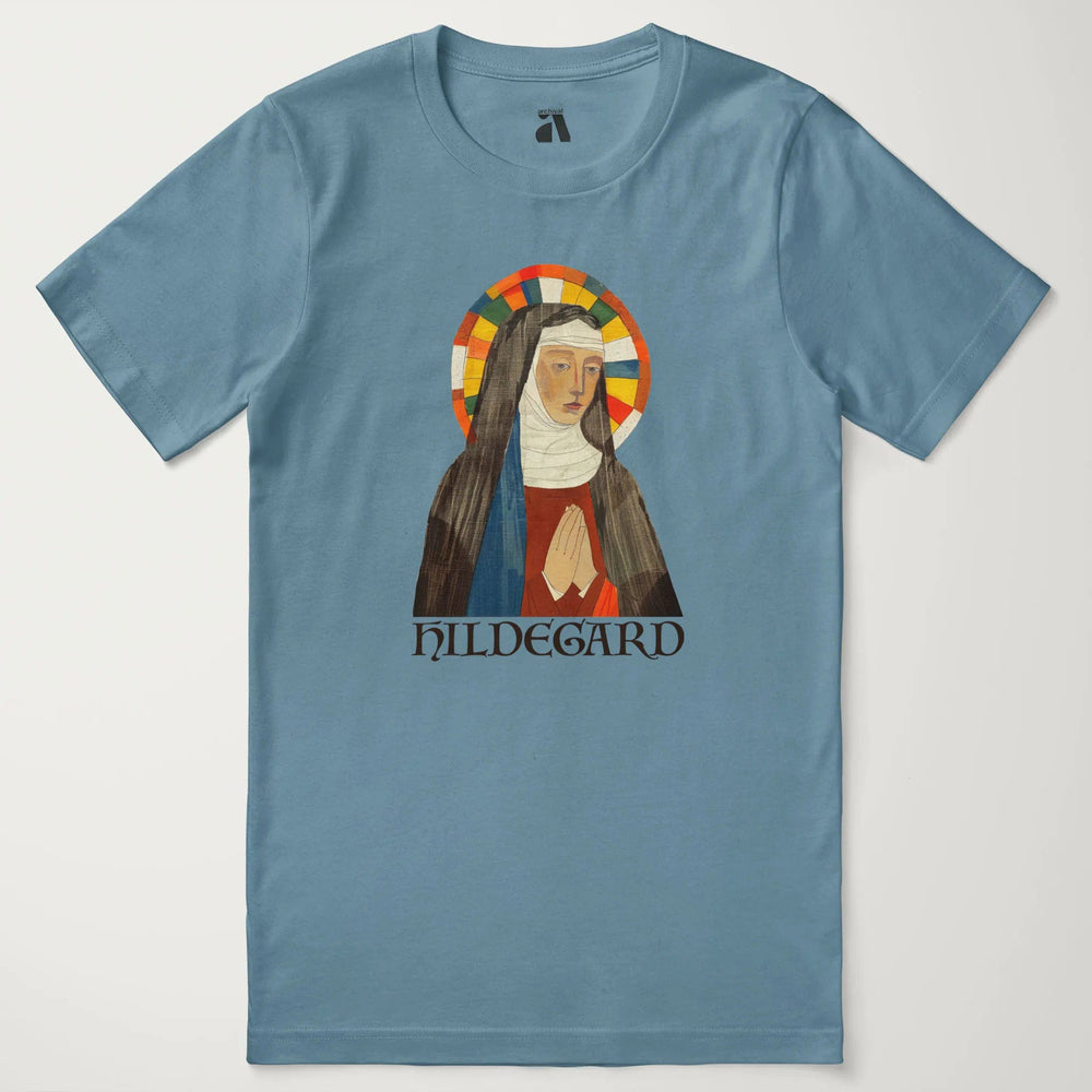 hildegard von bingen: the saint classic tee in steel blue, laid flat