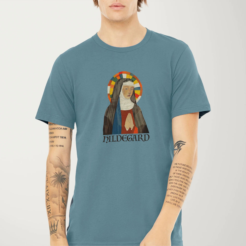 hildegard von bingen: the saint classic tee in steel blue, worn