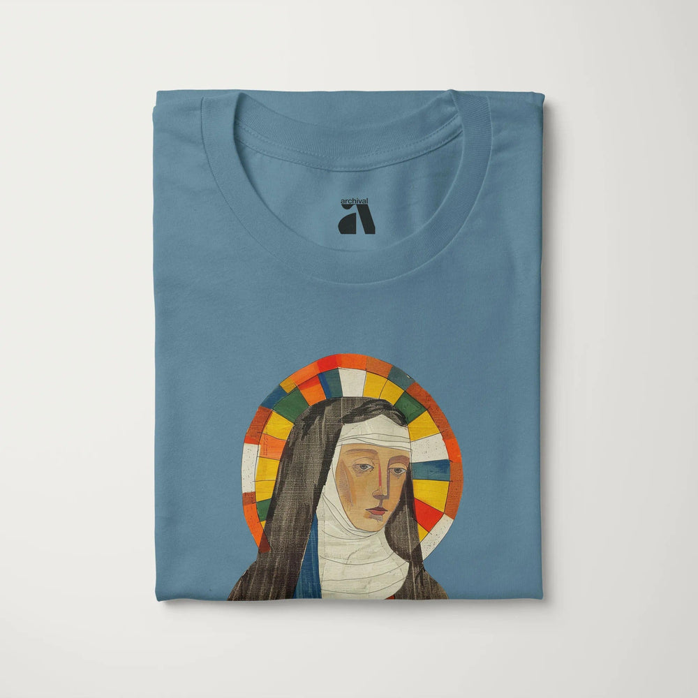 hildegard von bingen: the saint classic tee in steel blue, folded