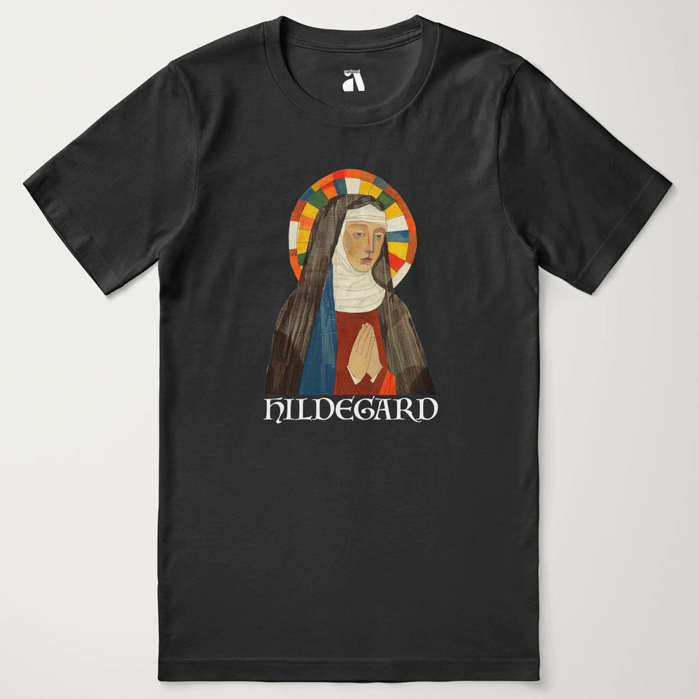 hildegard von bingen: the saint classic tee in vintage black, laid flat