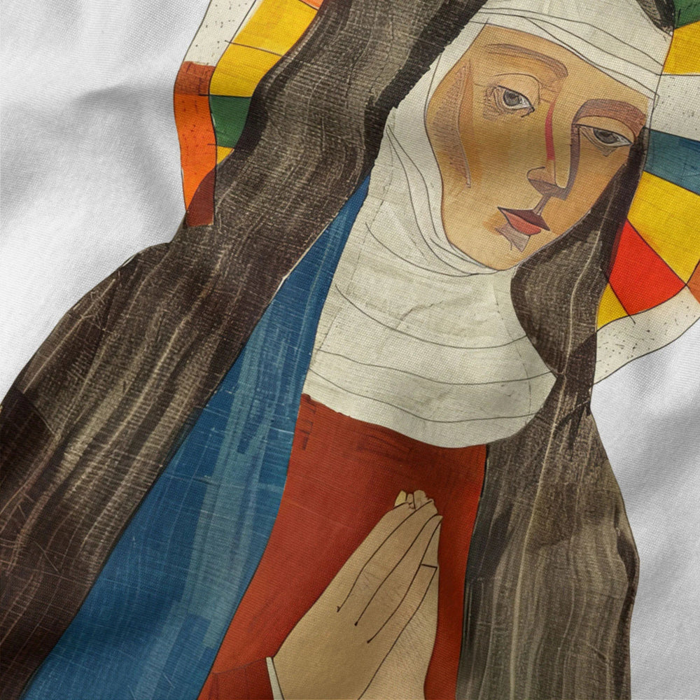 hildegard von bingen: the saint classic tee in vintage white, close-up of the print