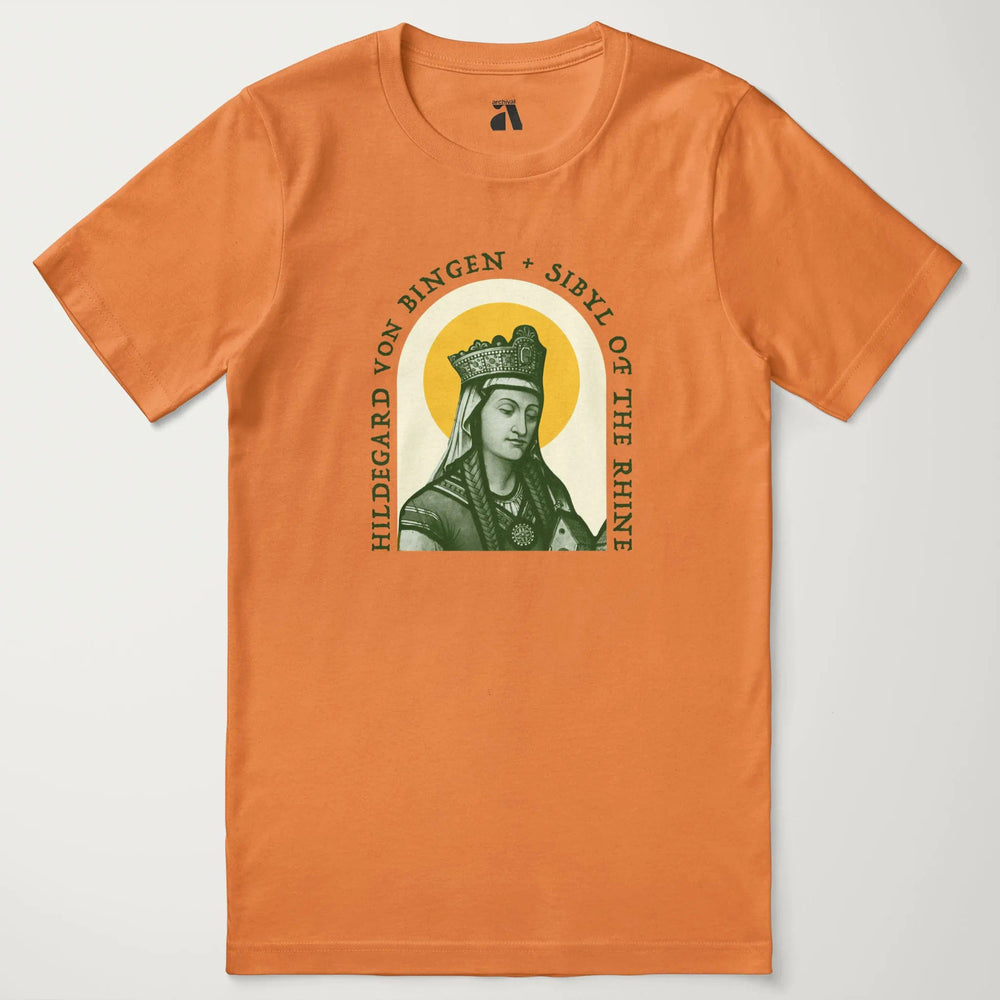 hildegard von bingen: sibyl of the rhine classic tee in burnt orange, laid flat