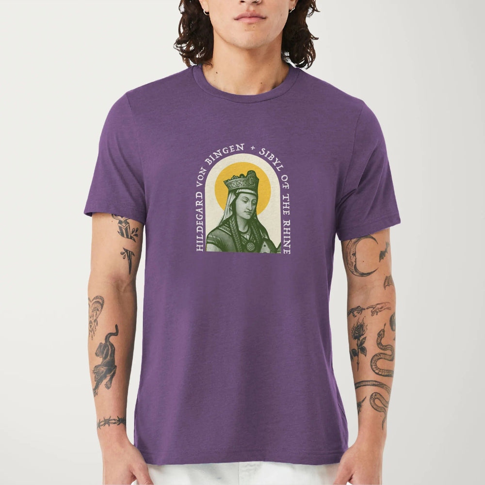 hildegard von bingen: sibyl of the rhine classic tee in heather team purple, worn