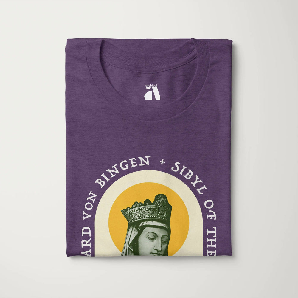 hildegard von bingen: sibyl of the rhine classic tee in heather team purple, folded