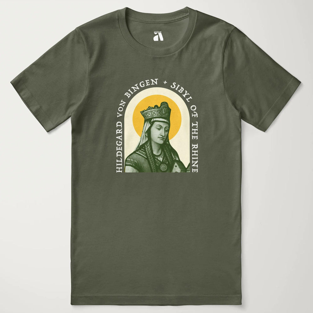 hildegard von bingen: sibyl of the rhine classic tee in military green, laid flat