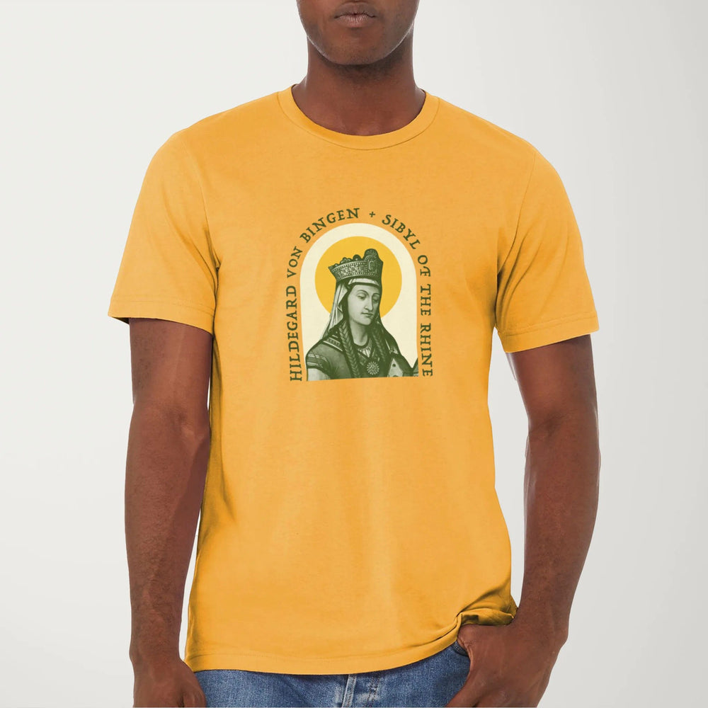 hildegard von bingen: sibyl of the rhine classic tee in mustard, worn