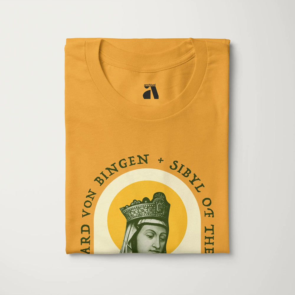 hildegard von bingen: sibyl of the rhine classic tee in mustard, folded