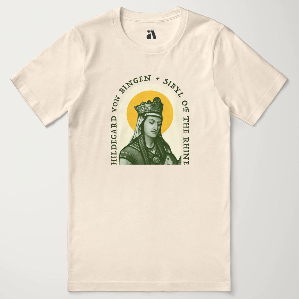hildegard von bingen: sibyl of the rhine classic tee in natural, laid flat