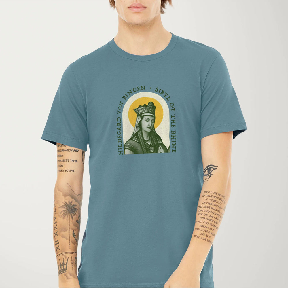hildegard von bingen: sibyl of the rhine classic tee in steel blue, worn