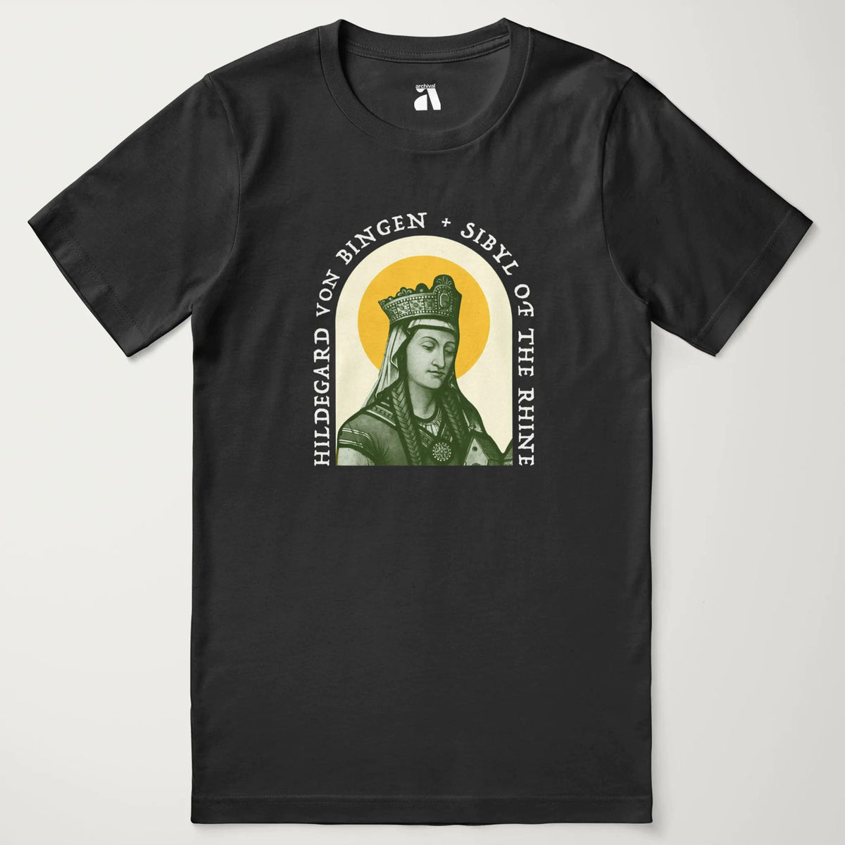 hildegard von bingen: sibyl of the rhine classic tee in vintage black, laid flat