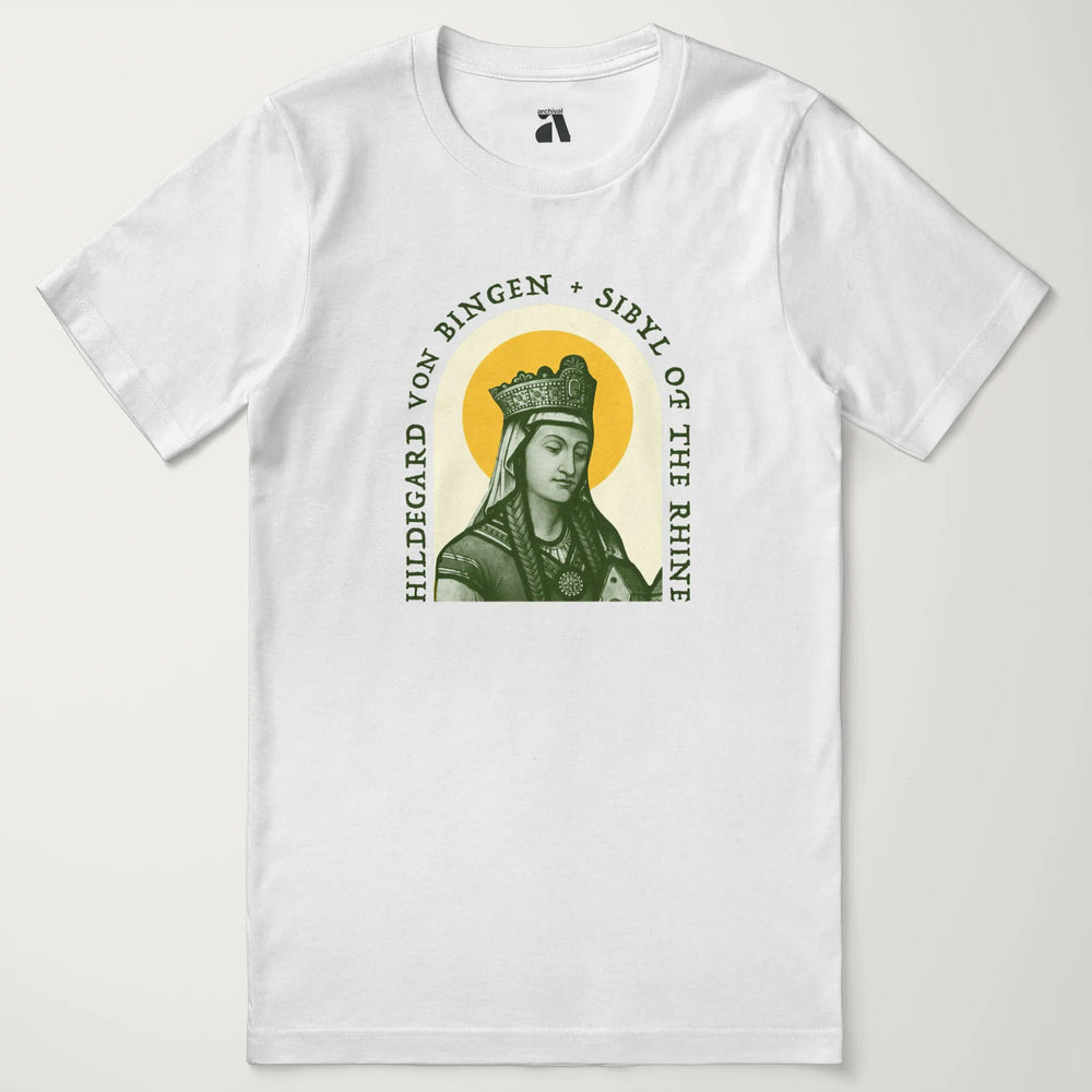 hildegard von bingen: sibyl of the rhine classic tee in vintage white, laid flat