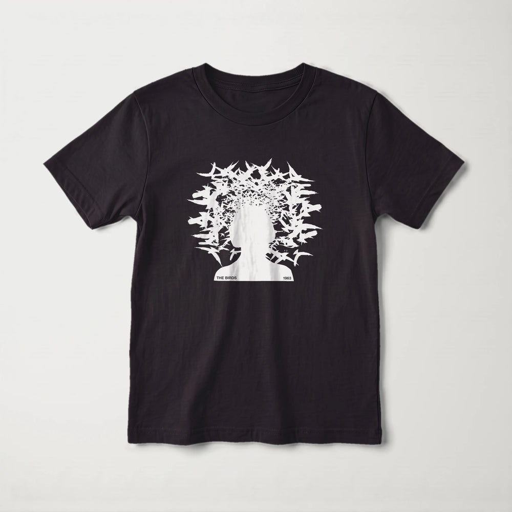 hitchcock: the birds 1963 kids classic tee in black, laid flat
