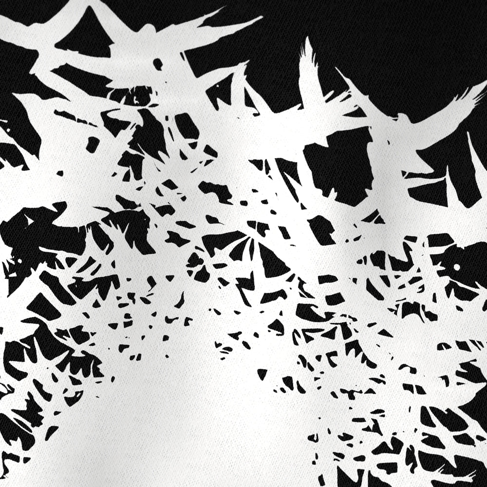 hitchcock: the birds 1963 kids classic tee in black, close-up of the print