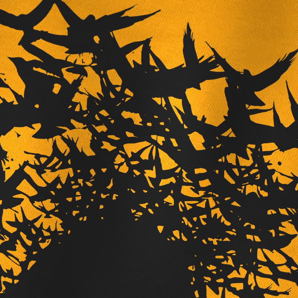 hitchcock: the birds 1963 kids classic tee in gold, close-up of the print