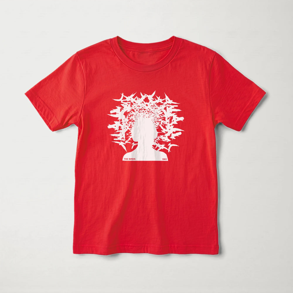 hitchcock: the birds 1963 kids classic tee in red, laid flat