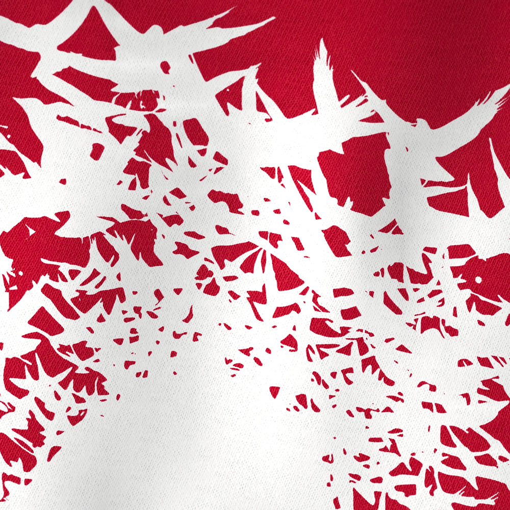 hitchcock: the birds 1963 kids classic tee in red, close-up of the print