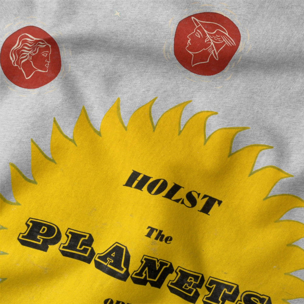 gustav holst: the planets classic tee in athletic heather, close-up of the print