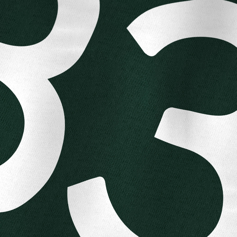 john cage: 4'33" kids classic tee in forest, close-up of the print