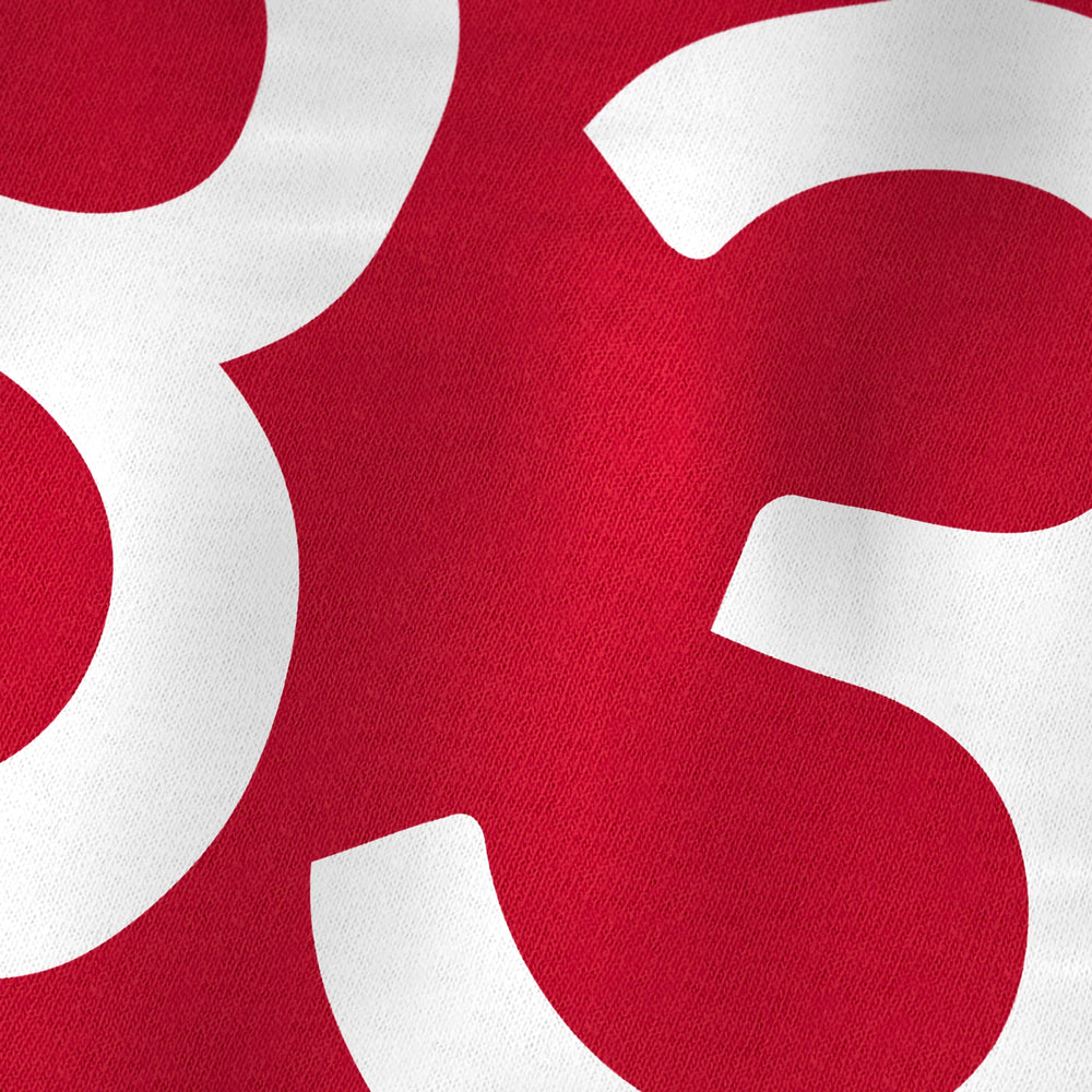 john cage: 4'33" kids classic tee in red, close-up of the print
