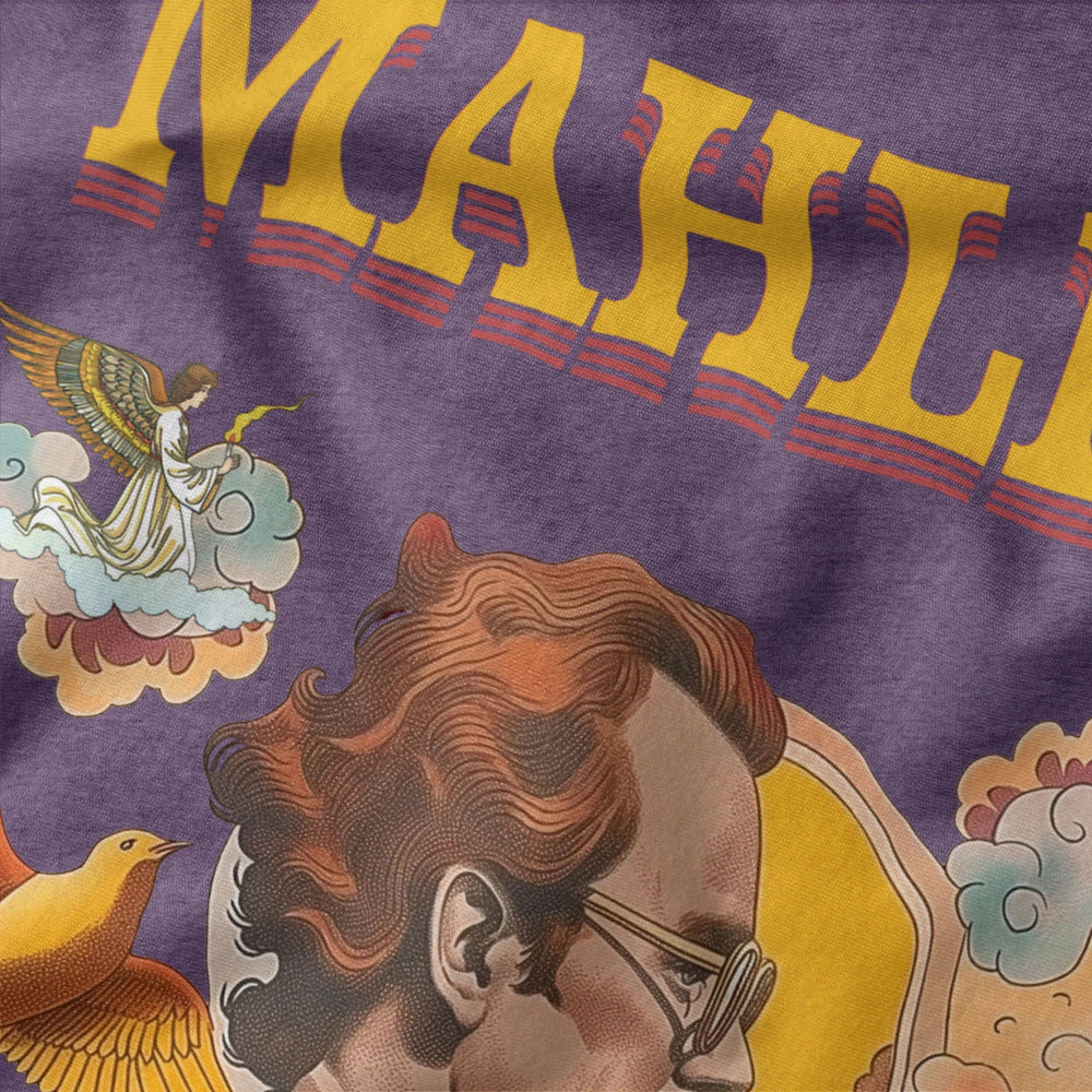 mahler: illustrated classic tee in heather team purple, close-up of the print