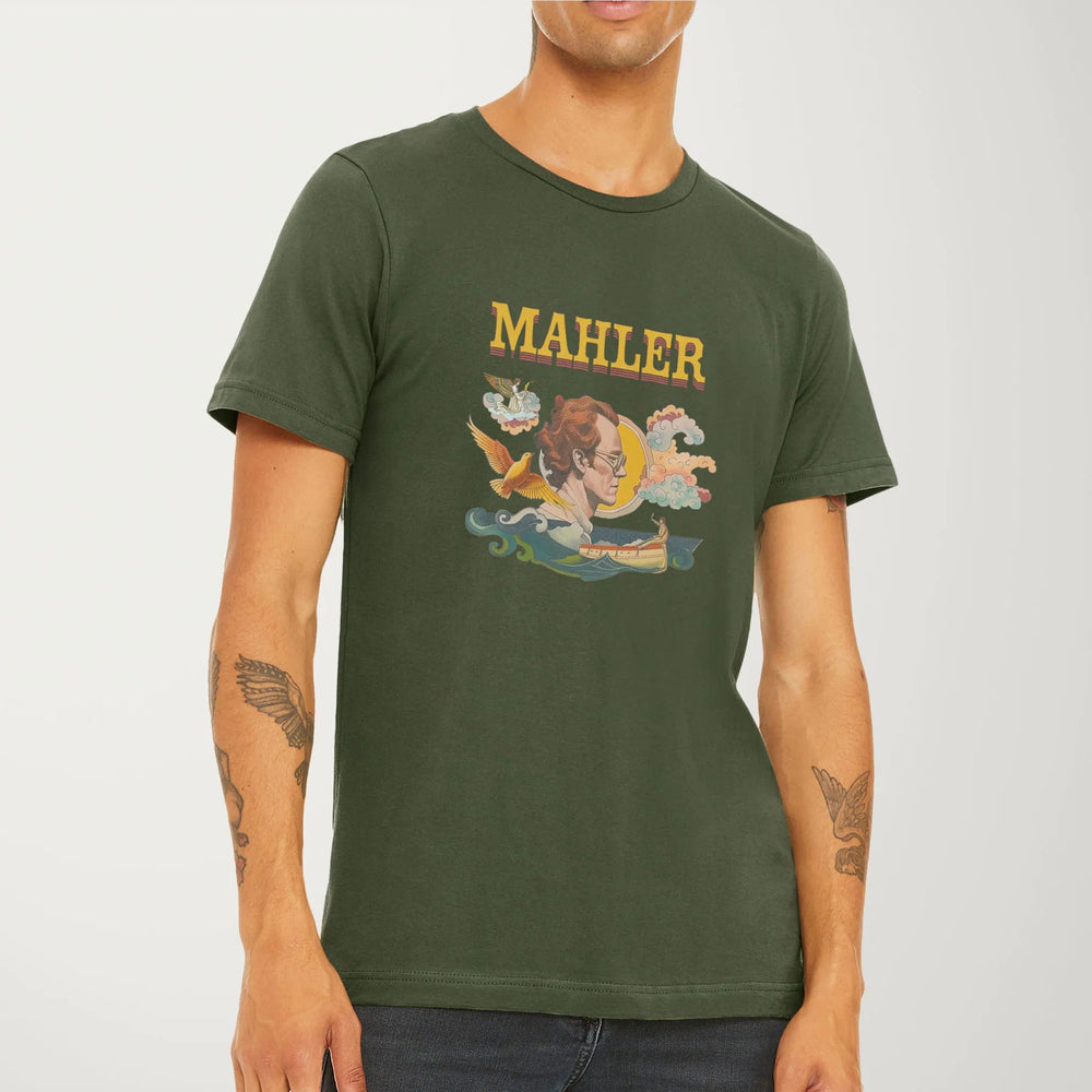 mahler: illustrated classic tee in military green, worn