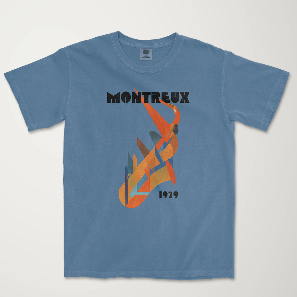 montreux jazz: 1979 vintage heavyweight tee in blue jean, laid flat