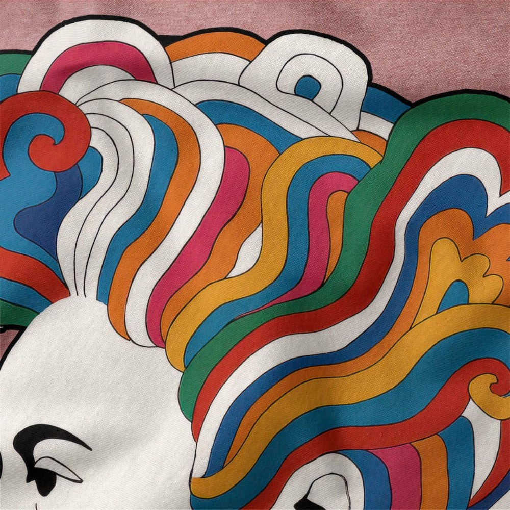 mozart: dylan '66 classic tee in heather mauve, close-up of the print