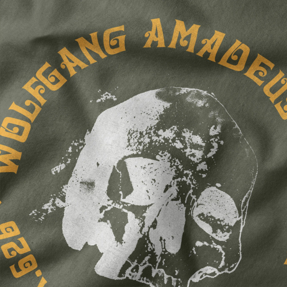 mozart: requiem classic tee in military green, close-up of the print