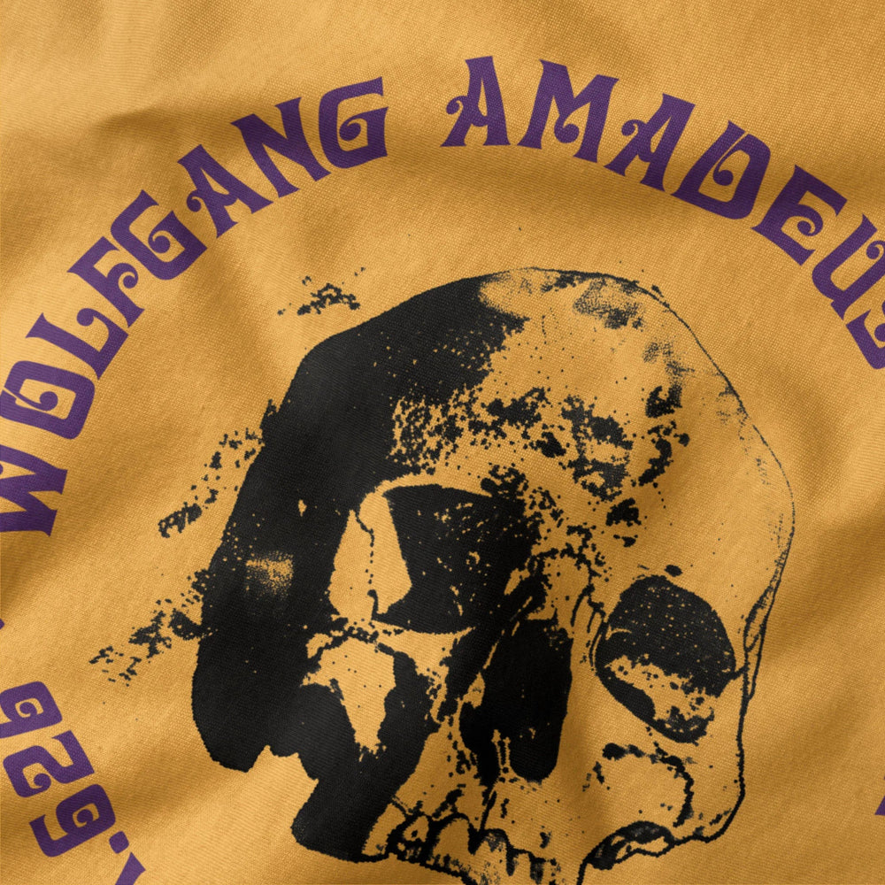mozart: requiem classic tee in mustard, close-up of the print
