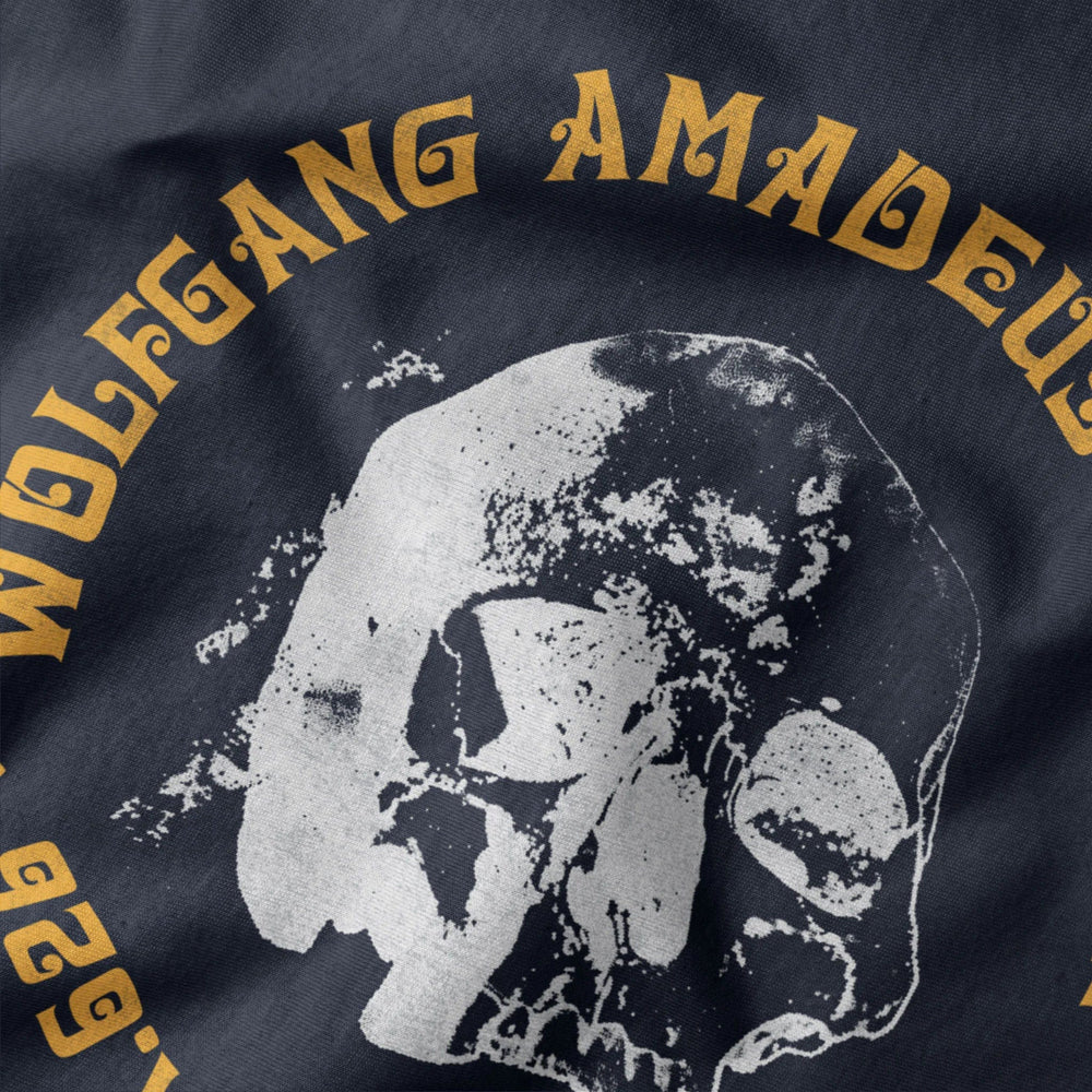 mozart: requiem classic tee in navy, close-up of the print