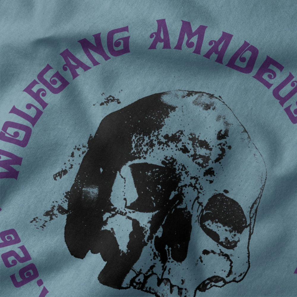 mozart: requiem classic tee in steel blue, close-up of the print