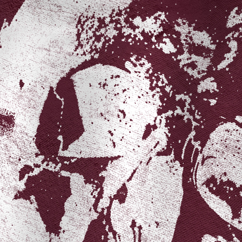 mozart: requiem classic crewneck in maroon, close-up of the print