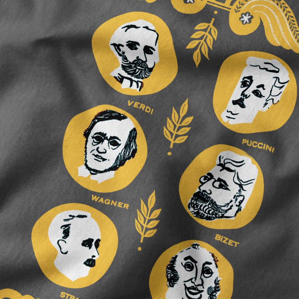 the opera society classic tee in asphalt, close-up of the print