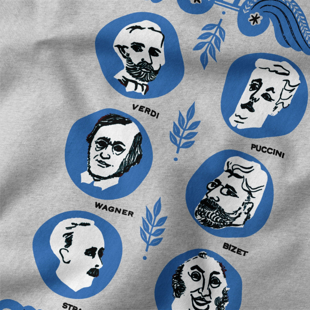 the opera society classic tee in athletic heather, close-up of the print