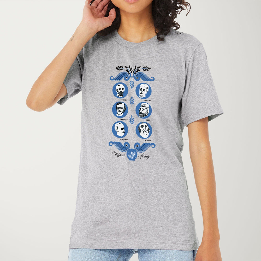 the opera society classic tee in athletic heather, worn