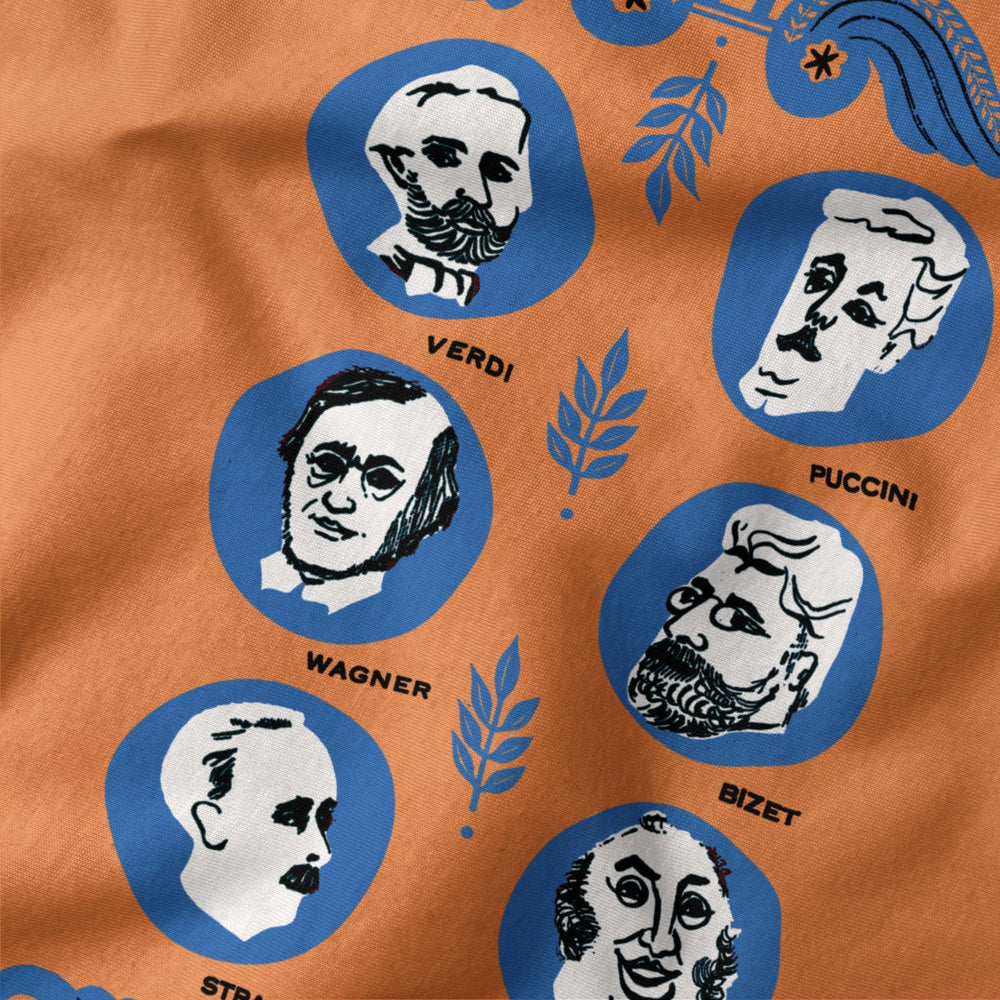 the opera society classic tee in burnt orange, close-up of the print