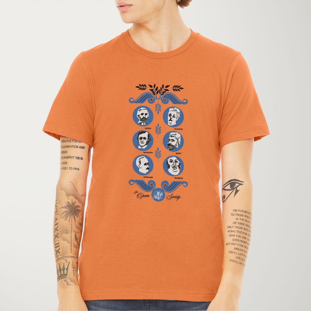 the opera society classic tee in burnt orange, worn