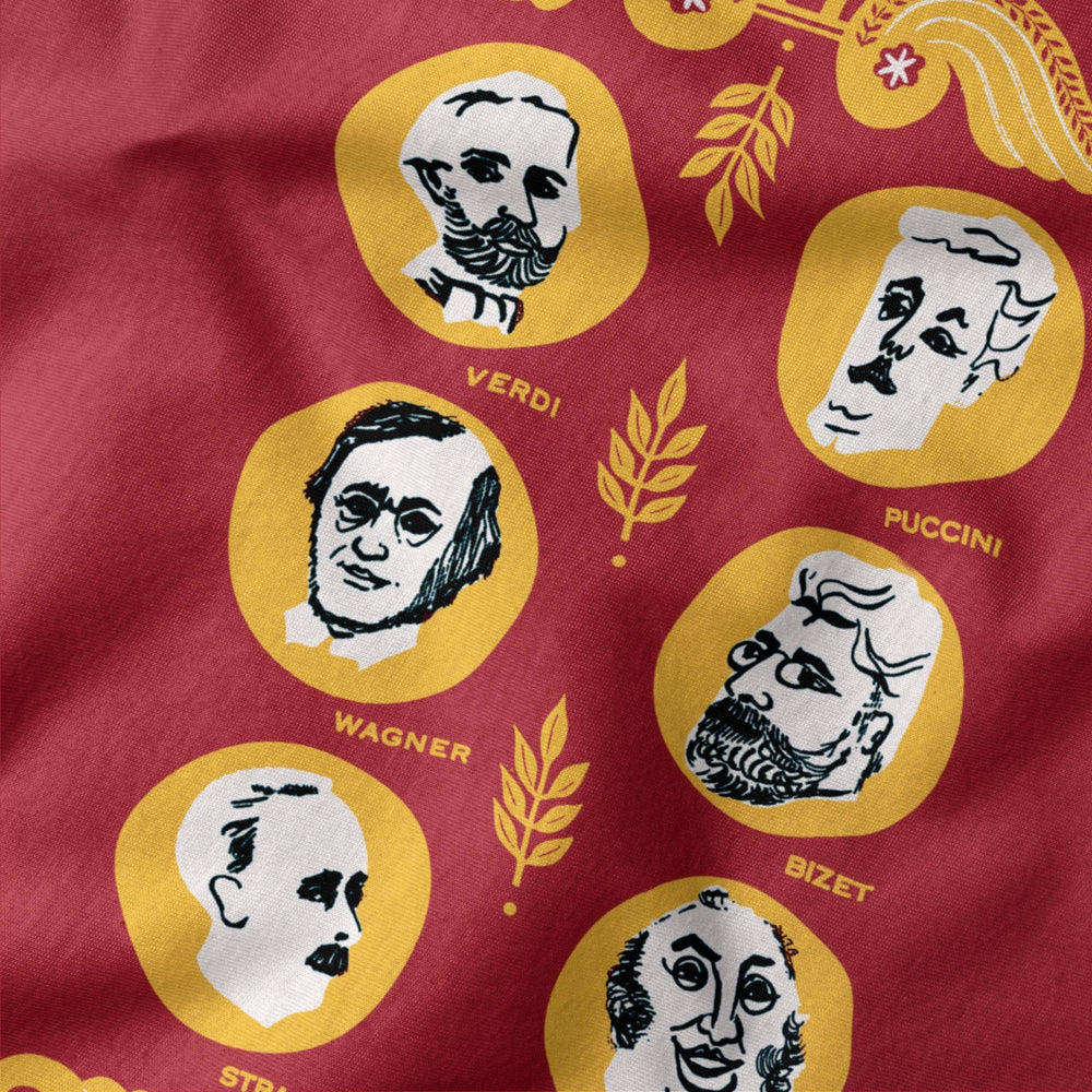 the opera society classic tee in canvas red, close-up of the print