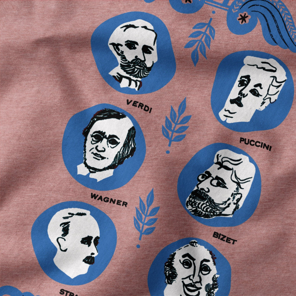 the opera society classic tee in heather mauve, close-up of the print