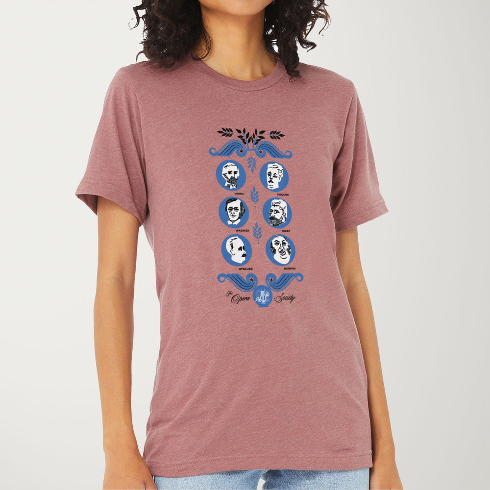 the opera society classic tee in heather mauve, worn